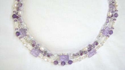 Three Strand Amethyst, Freshwater Pearls & Miscellaneous Bead Necklace.