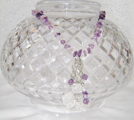 Amethyst Necklace With Dangling Crystal, Beads, & Silver Textured Cubes.